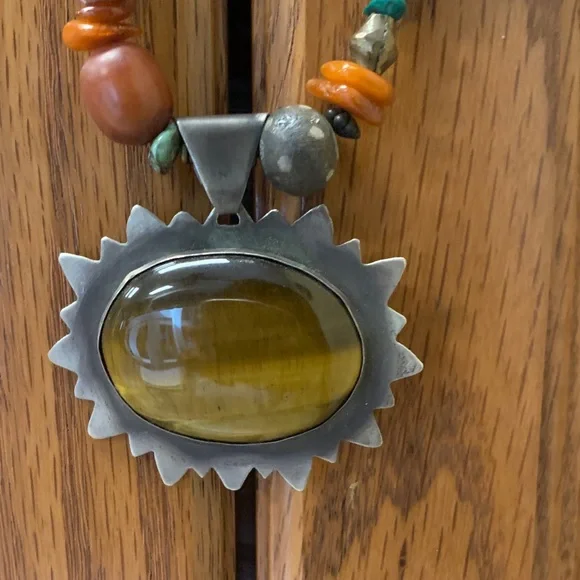 Handcrafted Beaded Necklace with Large Tigereye Pendant - Picture 2 of 6
